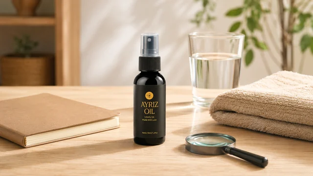 Botol Ayriz Oil 50 ml spray di meja untuk panduan memilih dan cara pakai