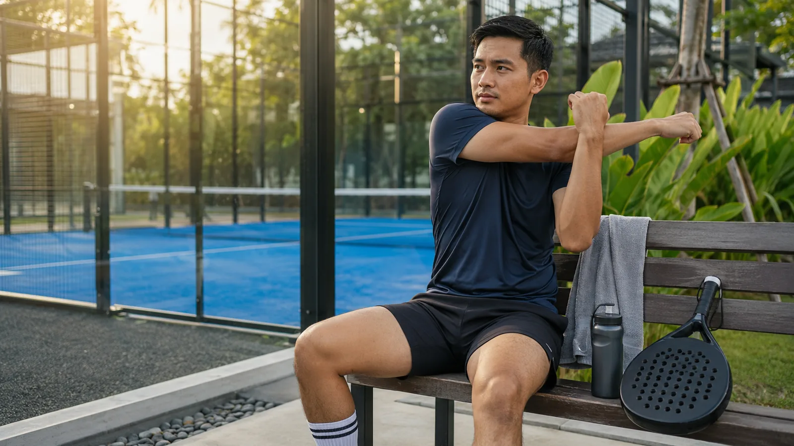 Pemain padel melakukan stretching ringan setelah bermain