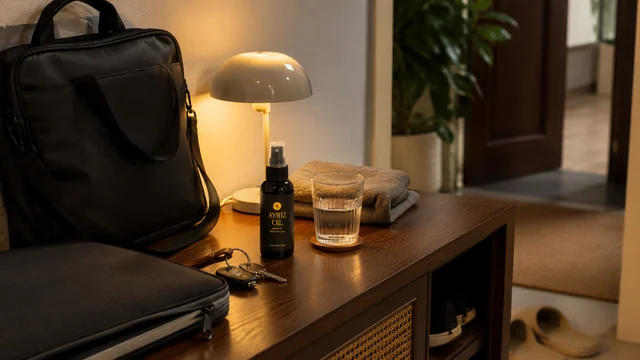 Ayriz Oil di dekat tas laptop untuk rutinitas nyaman saat bahu pegal membawa laptop