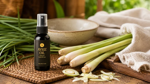 Ayriz Oil di flatlay sereh wangi untuk edukasi citronella oil
