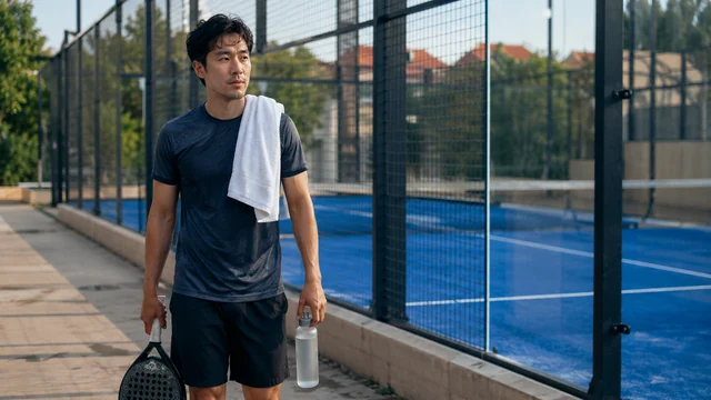 Pemain melakukan cooldown padel dengan berjalan santai di tepi lapangan