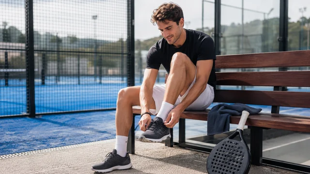 Pemain padel duduk di bangku lapangan sambil mengistirahatkan kedua kaki