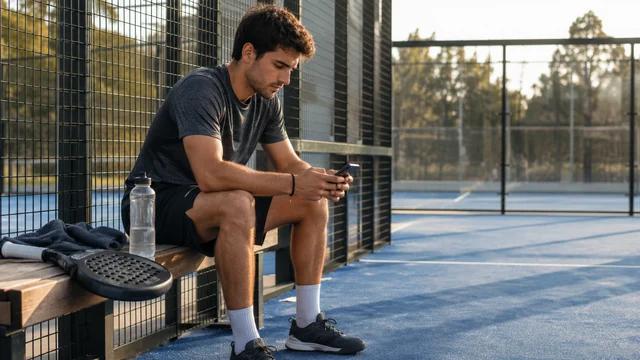 Pemain duduk membungkuk melihat ponsel setelah bermain padel