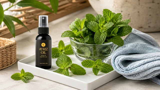 Ayriz Oil di meja dengan daun mint untuk edukasi menthol dalam produk oles