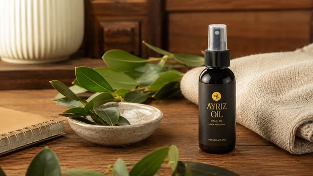 Ayriz Oil di flatlay bahan gandapura untuk edukasi minyak oles