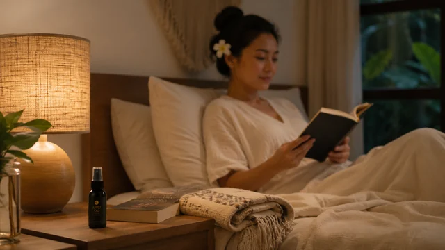 Minyak oles AYRIZ di meja samping tempat tidur untuk rutinitas malam
