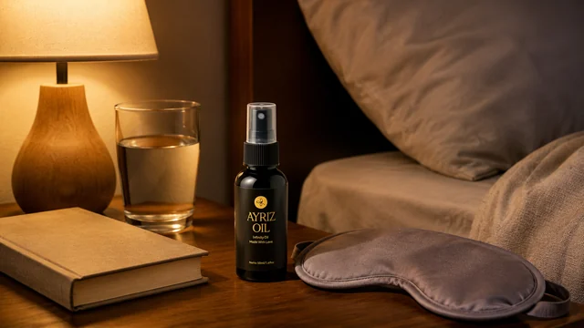 Ayriz Oil di nightstand untuk rutinitas minyak oles sebelum tidur