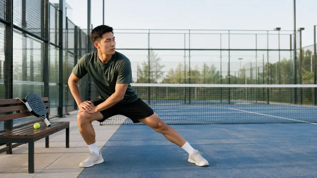 Pemain melakukan pemanasan padel dengan lunge lateral di sisi lapangan