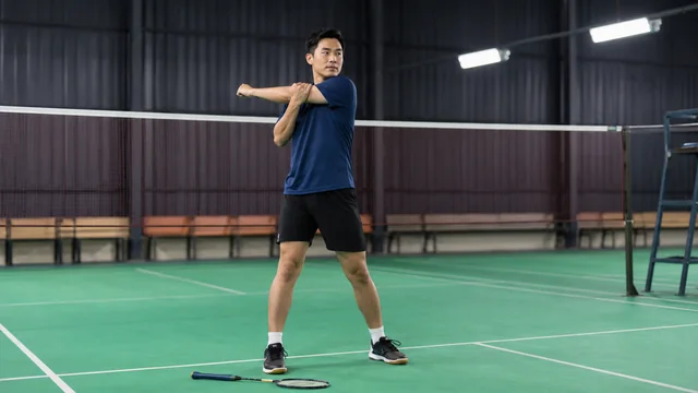 Pemain badminton melakukan pemanasan dinamis sebelum bermain