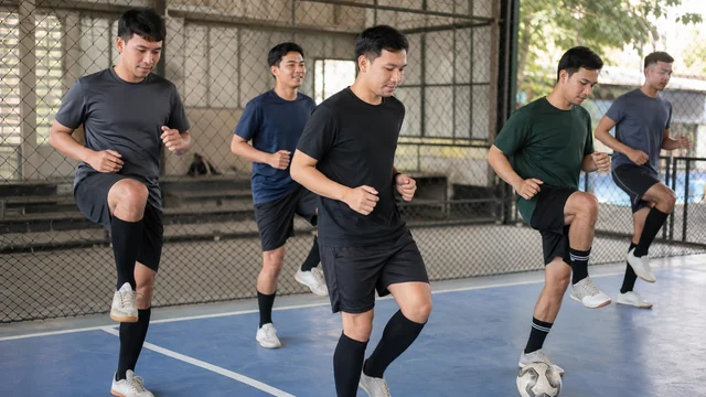 Pemain futsal melakukan pemanasan dinamis sebelum bermain