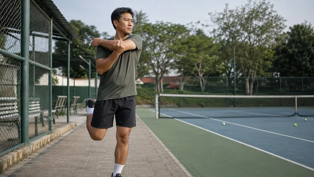 Pemain tenis melakukan pemanasan dinamis sebelum bermain