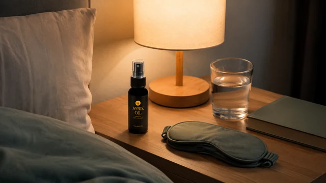 Ayriz Oil di nightstand dengan elemen peppermint untuk rutinitas relaksasi