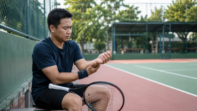 Pemain tenis memegang pergelangan tangan setelah bermain