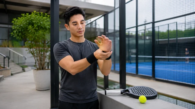 Pemain melakukan pemanasan pergelangan tangan dengan raket padel di tepi lapangan