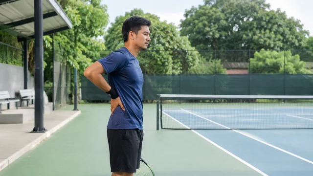 Pemain tenis menyentuh pinggang setelah latihan servis