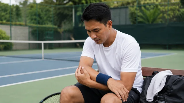 Pemain tenis menyentuh siku setelah latihan forehand