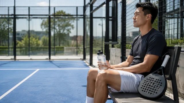 Pemain padel keluar dari lapangan untuk beristirahat di bangku teduh