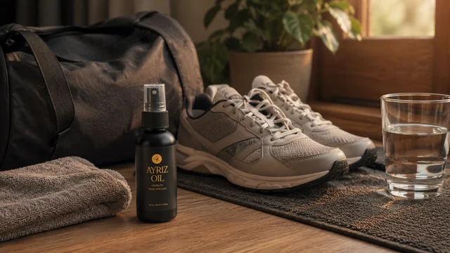 Ayriz Oil dengan sepatu dan handuk untuk rutinitas setelah aktivitas